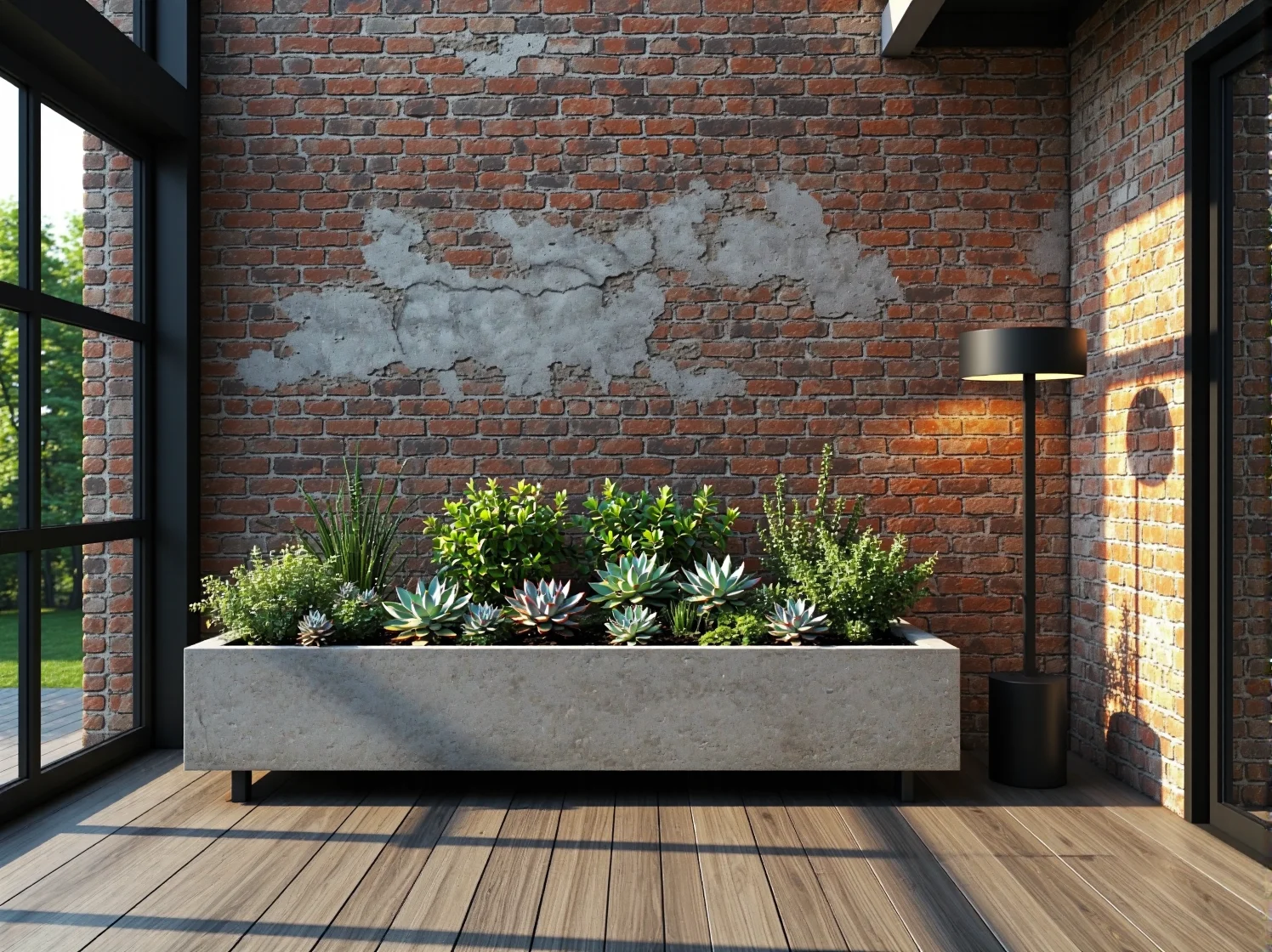 Stylowa aranżacja tarasu loftowego z nowoczesnymi lampami solarnymi i betonową posadzką.