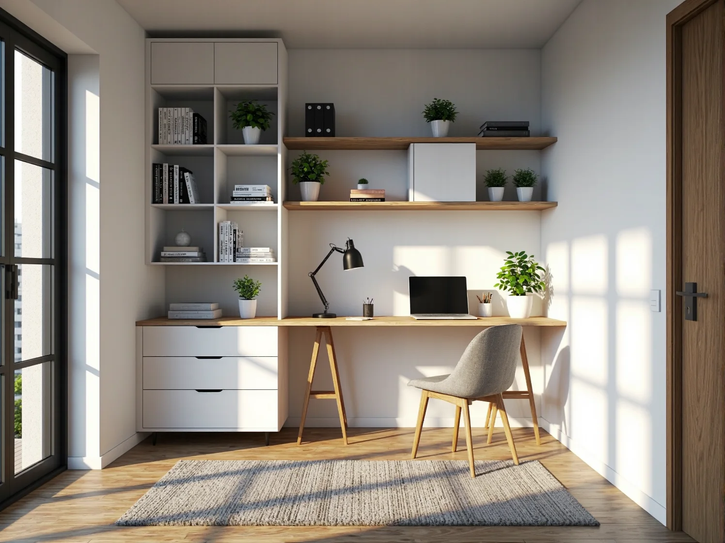 Minimalistyczna aranżacja salonu w mikromieszkaniu z wykorzystaniem luster i jasnych dodatków dekoracyjnych.