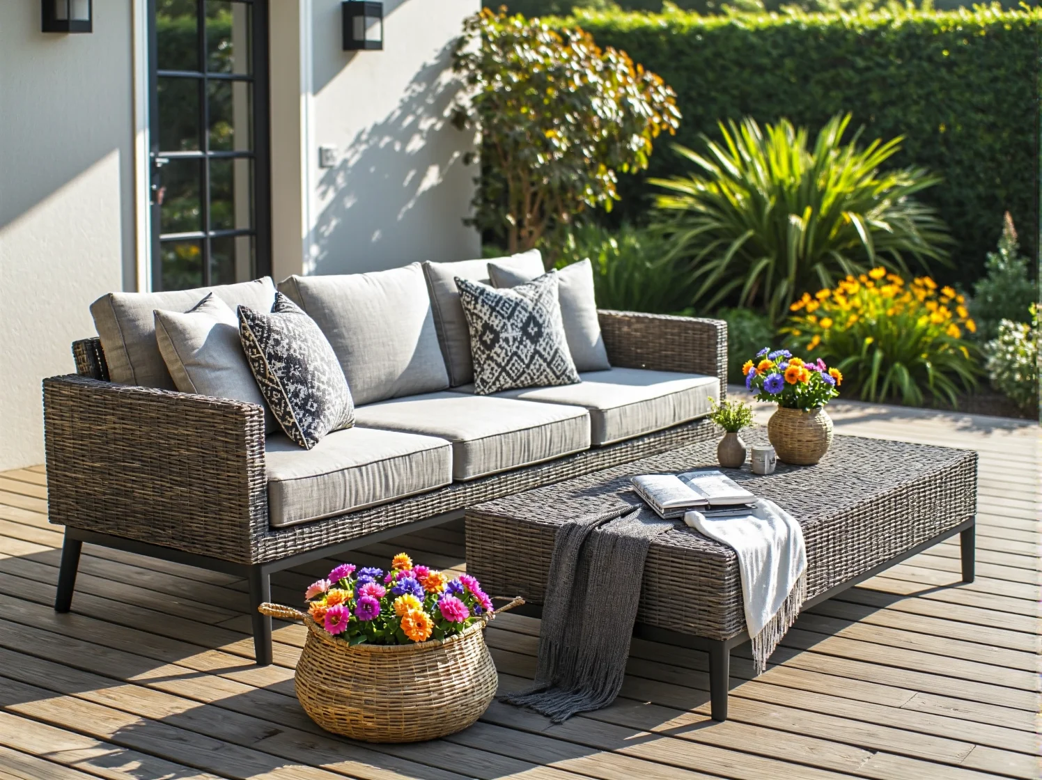 Zestaw mebli ogrodowych z rattanu na drewnianym tarasie z dywanem zewnętrznym w stylu boho.