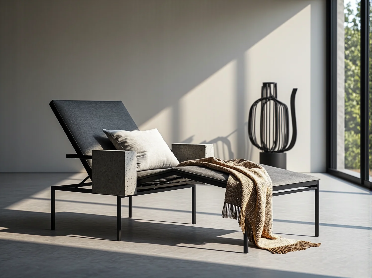 Dekoracyjne betonowe donice i dodatki na tarasie w stylu loftowym