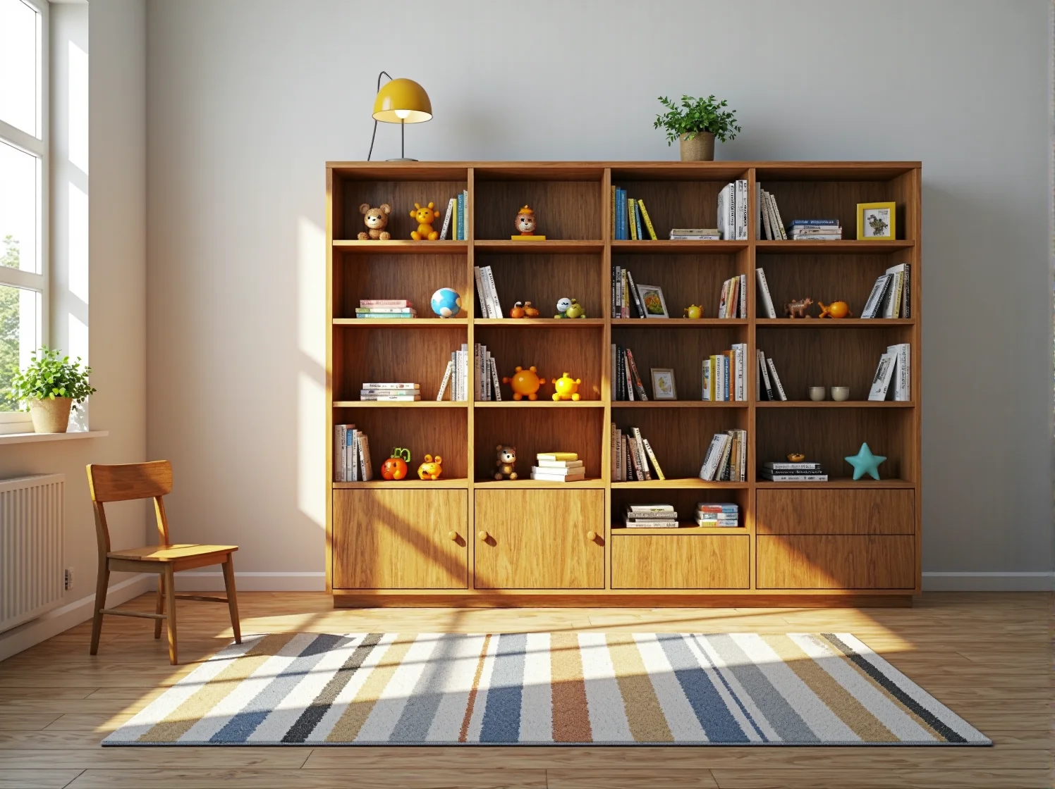 Bezpieczny regał biblioteczka w stylu vintage z zaokrąglonymi krawędziami dla dzieci.