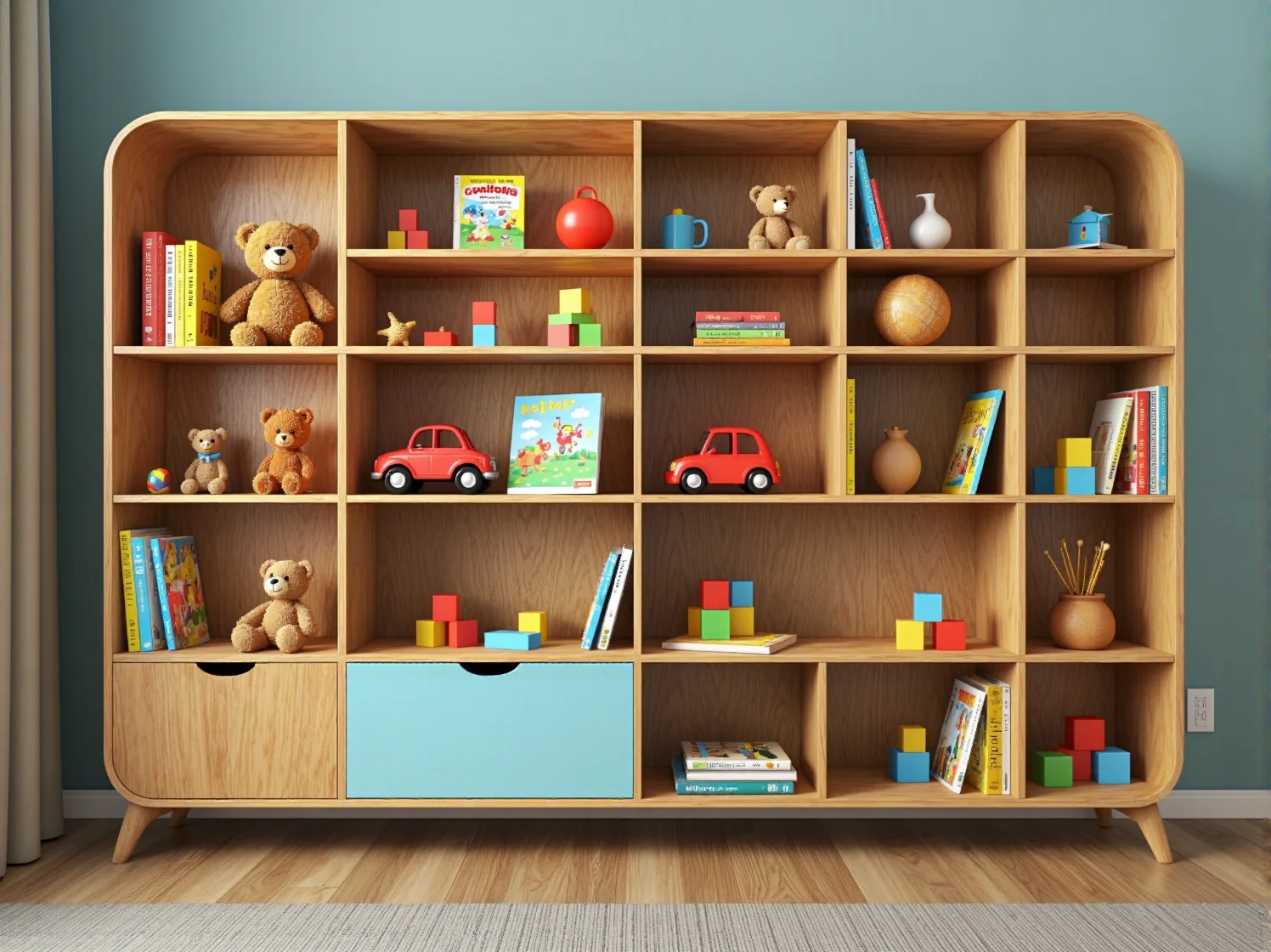 Biały regał modułowy do pokoju dziecka inspirowany designem lat 60. z zabawkami.