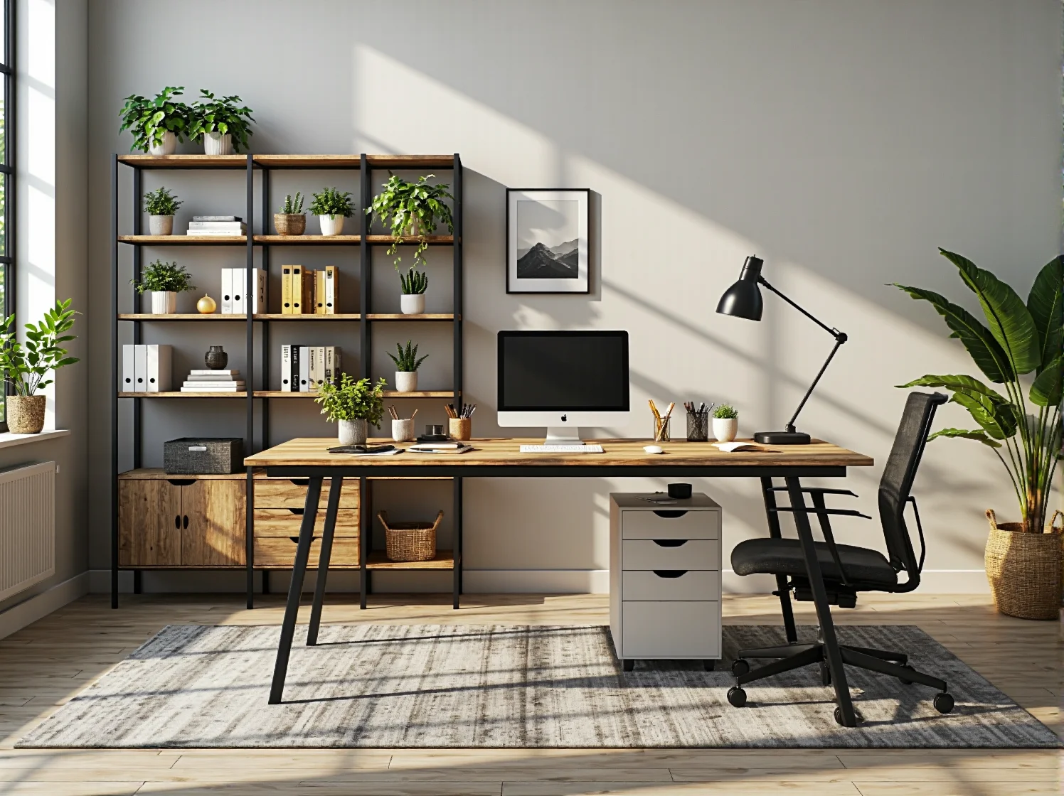 Kameralny kącik do pracy w coworkingu z industrialnym oświetleniem i dębowym blatem roboczym.