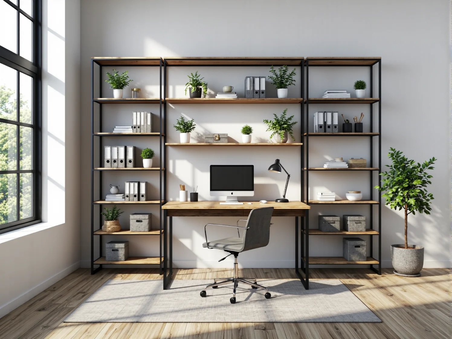 Stylowe biurko industrialne w domowym biurze typu loft, łączące funkcjonalność z unikalnym stylem.