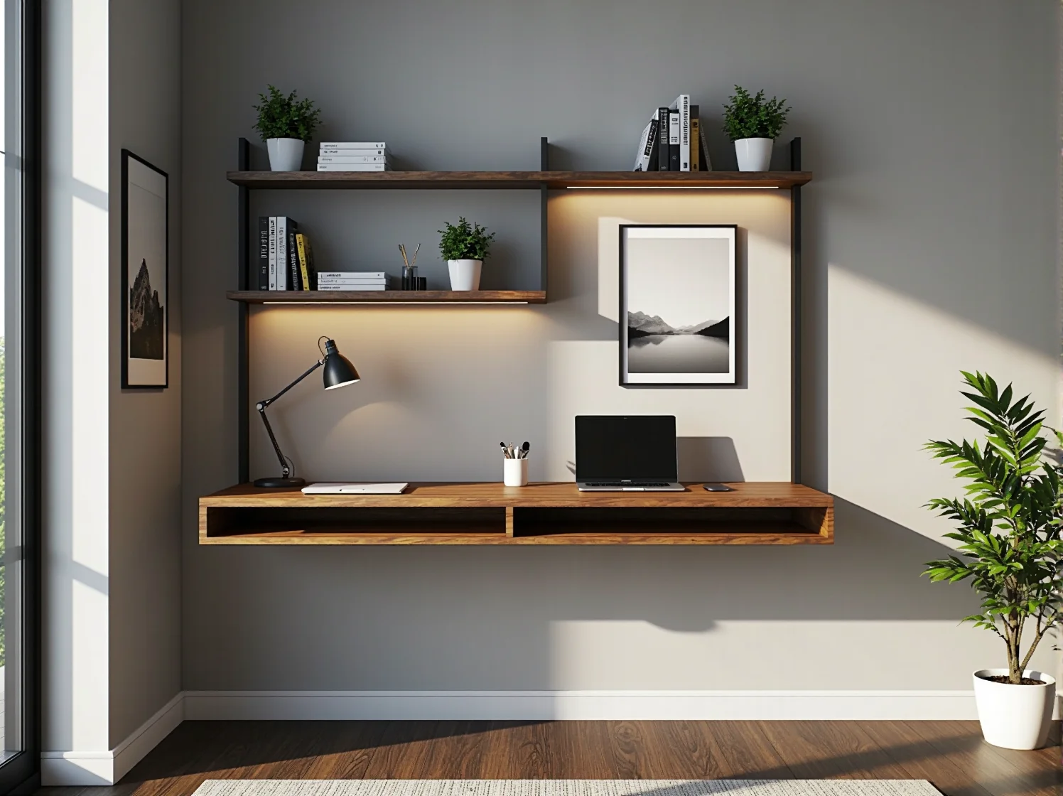 Funkcjonalne biurko składane w salonie, idealne do pracy zdalnej w małym wnętrzu.