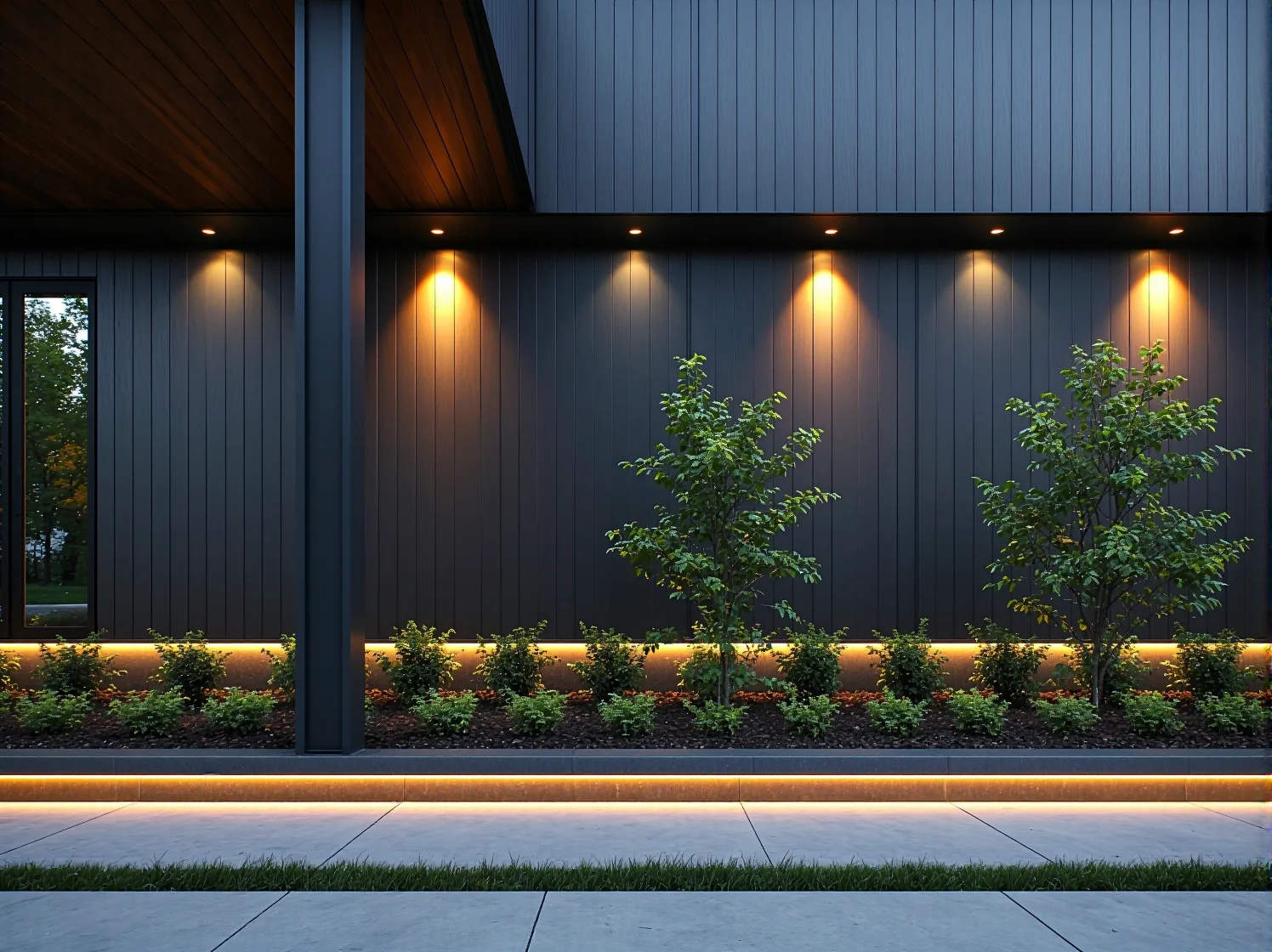 Minimalistyczne czarne lampy elewacyjne podkreślające teksturę ciemnej ściany