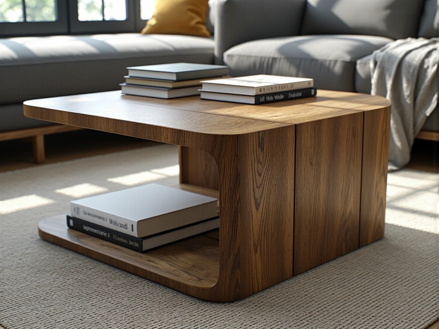 Detal jasnego drewna i minimalistycznej konstrukcji ławy po renowacji w duchu japandi.