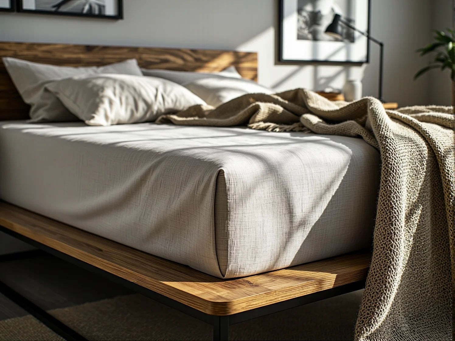 Aranżacja sypialni loft z dodatkami z metalu i naturalnej bawełny