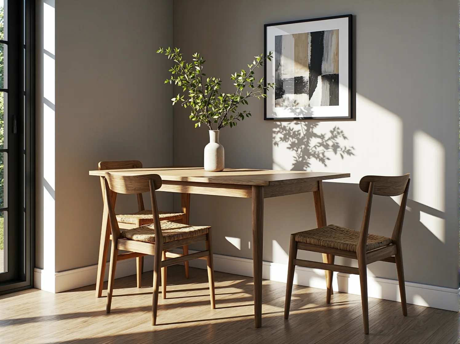 Drewniany stół jadalniany na smukłych nogach do małej jadalni scandi.