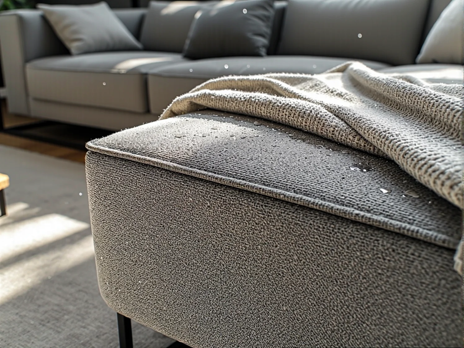 Efekt perlenia wody na materiale hydrofobowym narożnika – skuteczna ochrona przed plamami.