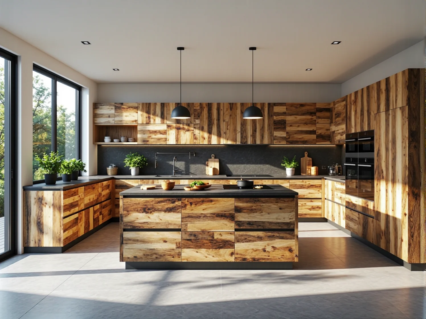 Nowoczesna zabudowa kuchenna z naturalnego drewna z wyspą