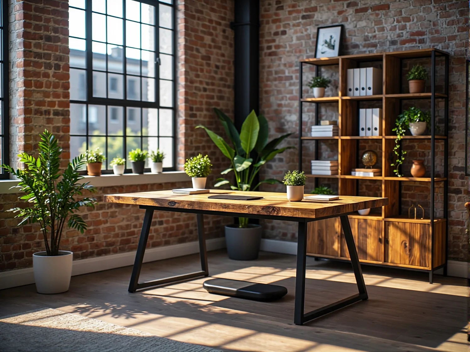 Ergonomiczne biurko z regulacją wysokości w jasnym wnętrzu biura coworkingowego.