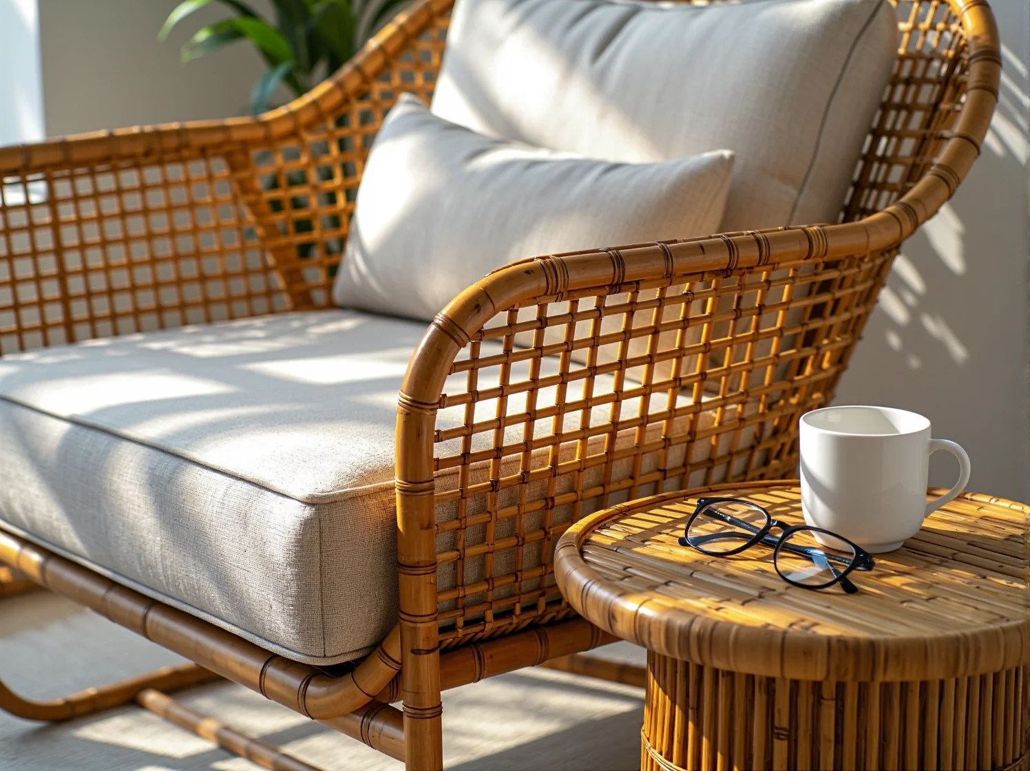 Wygodny fotel z bambusa na tarasie otoczony roślinami - ekologiczny kącik wypoczynkowy.