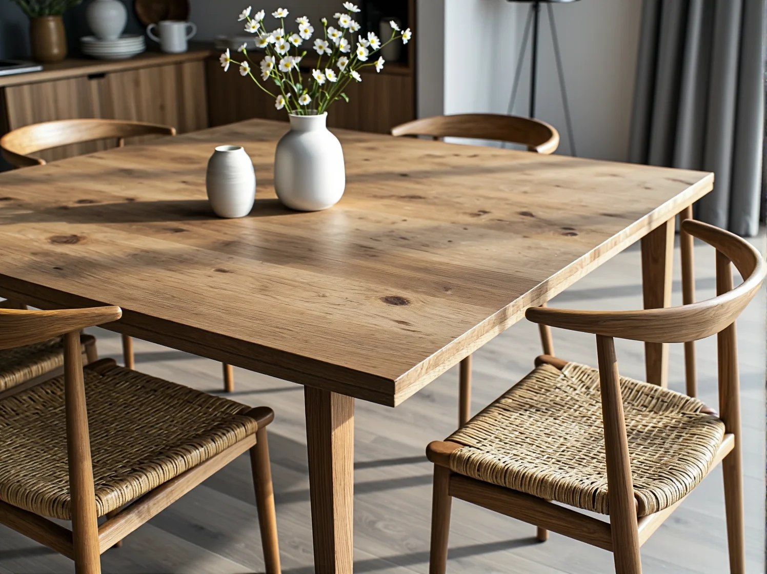 Minimalistyczna komoda z jasnego drewna, podkreślająca naturalne zalety stylu skandynawskiego.