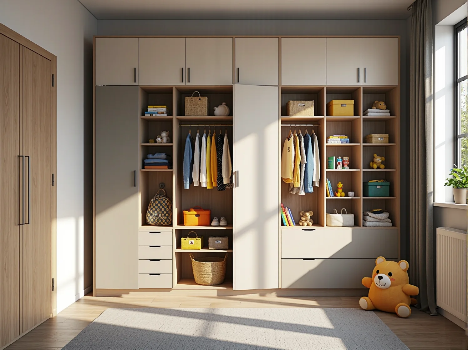 Jasne meble dziecięce i pastelowe ściany optycznie powiększające mały pokój dla dziewczynki.