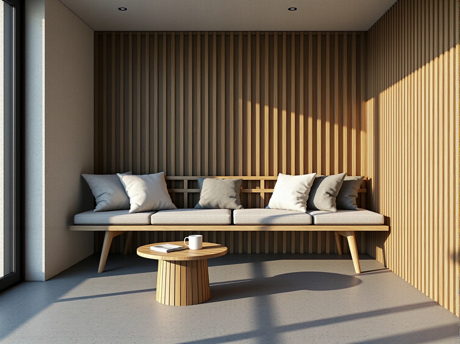 Ekologiczne meble ogrodowe z jasnego drewna doskonale pasujące do minimalistycznego ogrodu skandynawskiego.