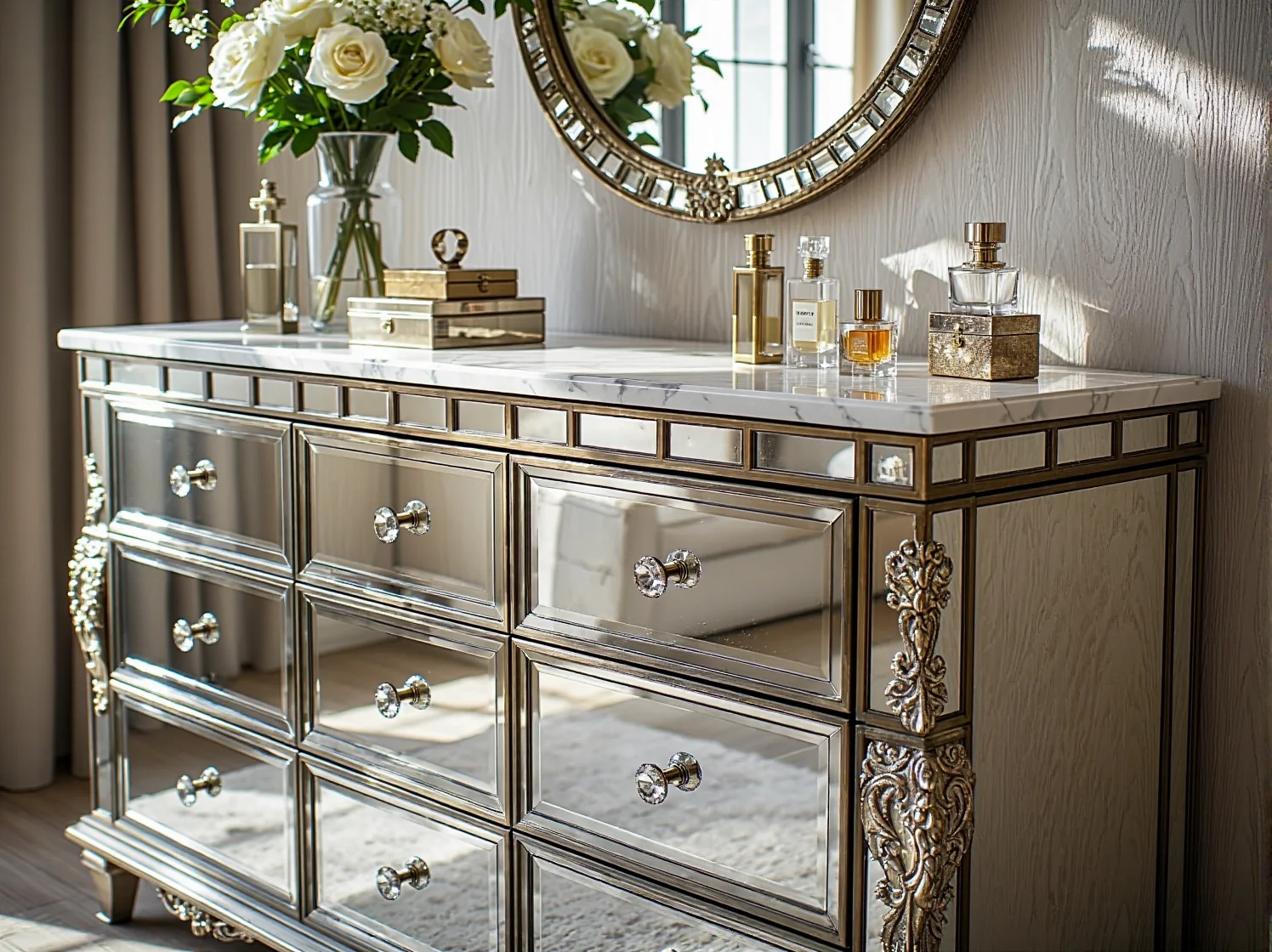 Srebrna komoda lustrzana z ozdobnymi uchwytami w stylu glamour – zbliżenie na detale