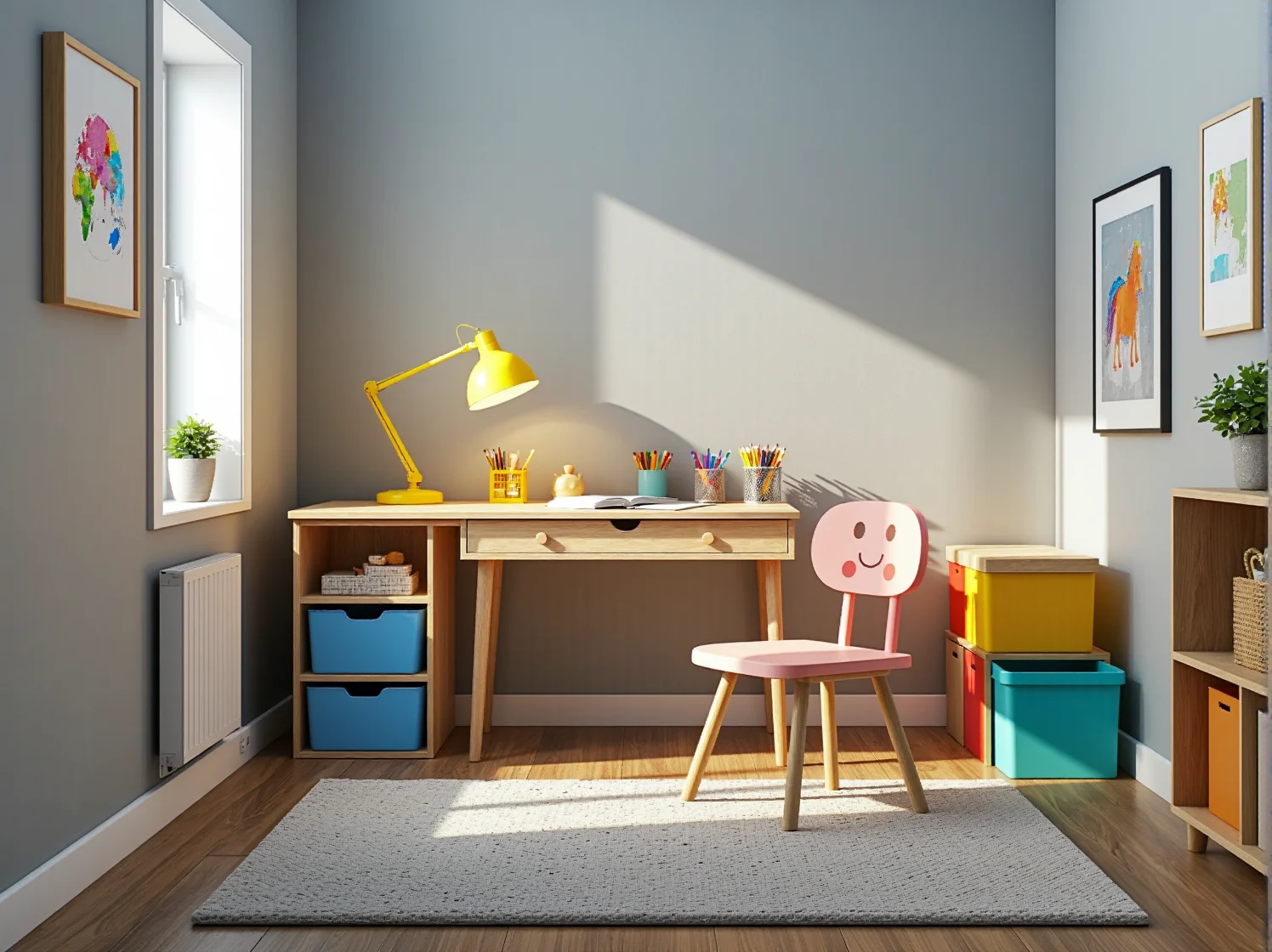 Kompaktowe biurko dla dziecka i regał w małym kąciku do nauki, meble oszczędzające miejsce.