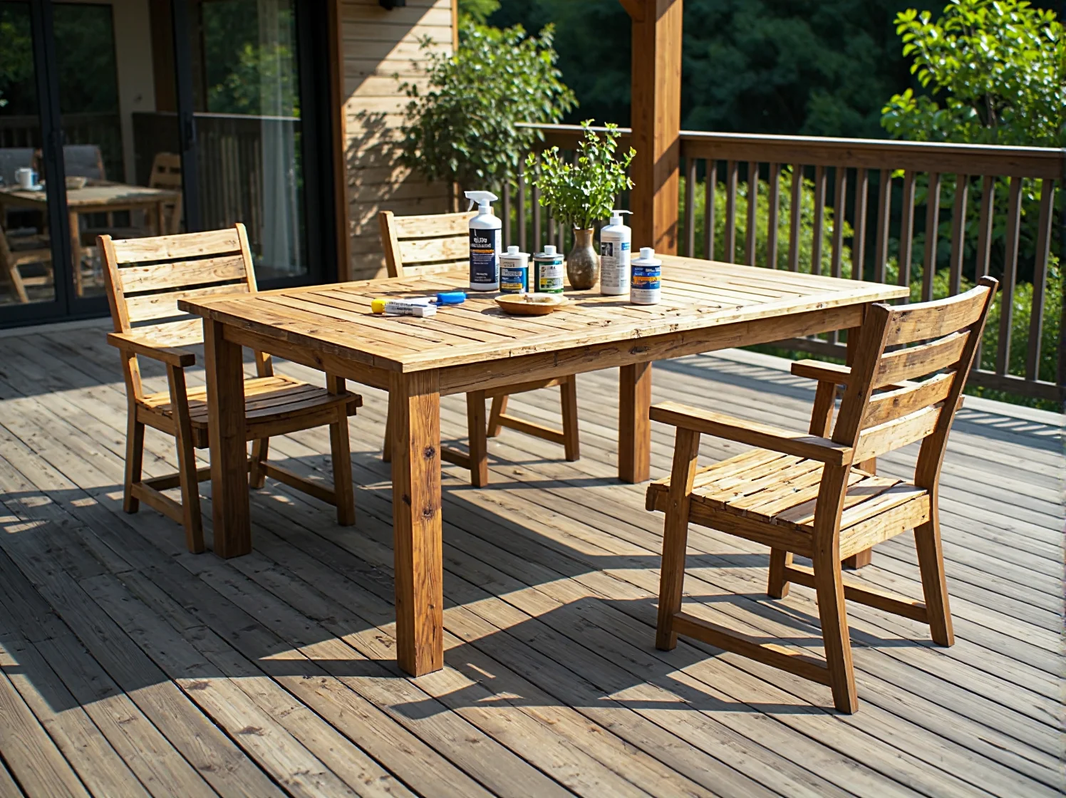 Nakładanie oleju ochronnego na odnowione krzesło ogrodowe pędzlem.