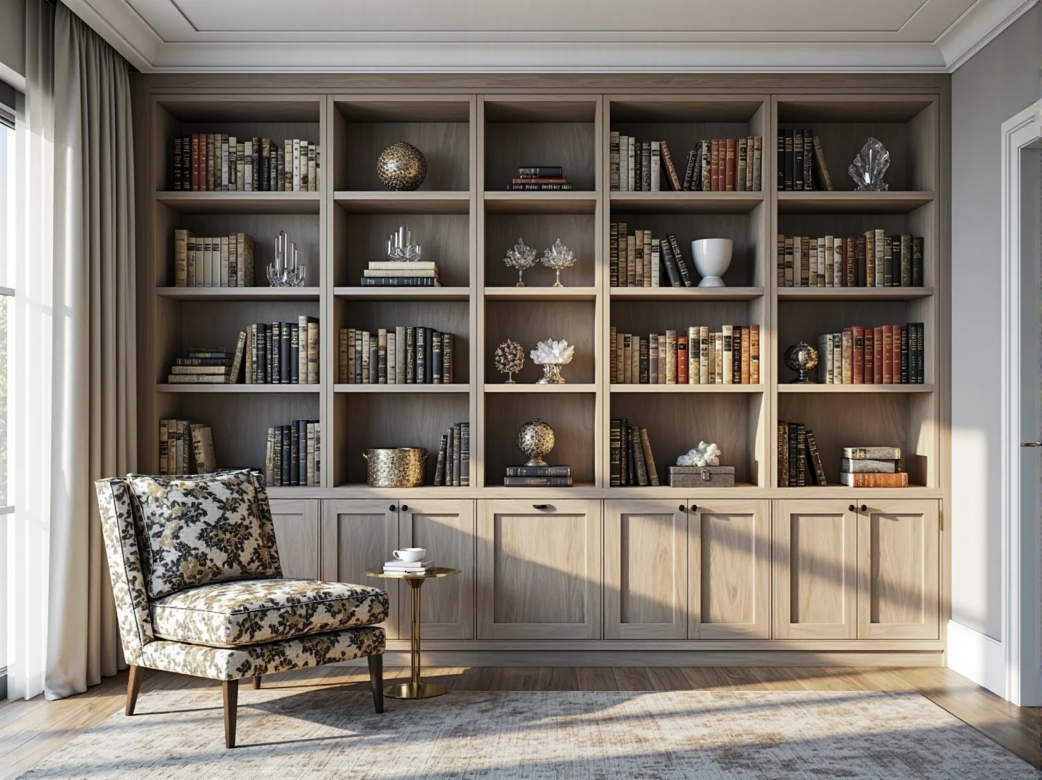 Wygodne tapicerowane krzesło i białe biurko na wysoki połysk w domowym biurze glamour.