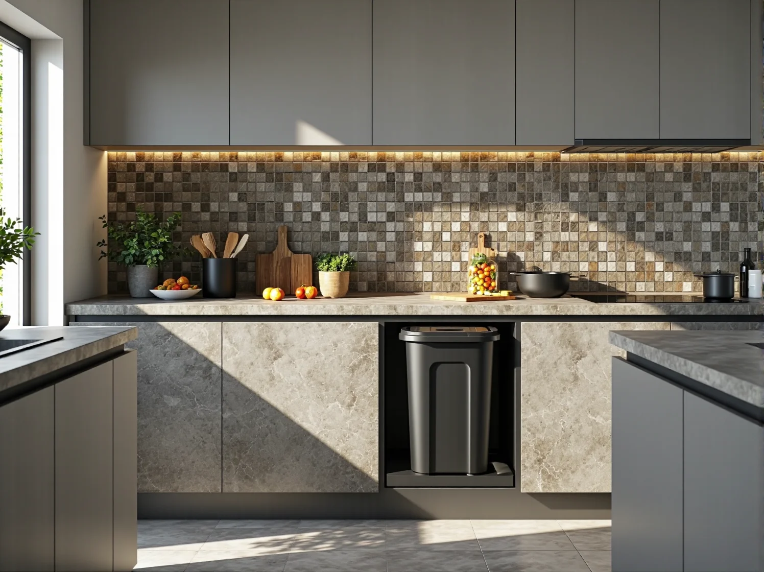 Nowoczesna kuchnia zero waste z zintegrowanym inteligentnym kompostownikiem.
