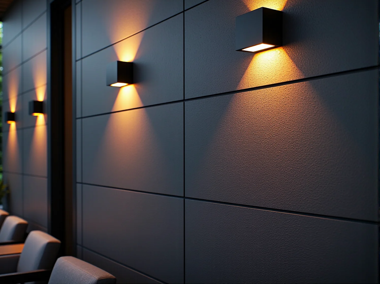 Iluminacja nocna budynku z antracytową elewacją i punktowym światłem