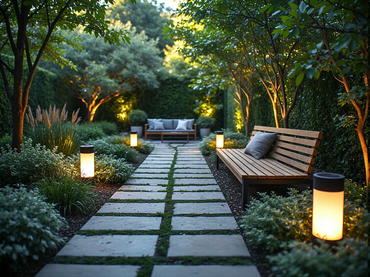 Solarne lampy ogrodowe LED przy ścieżce w zacienionym ogrodzie