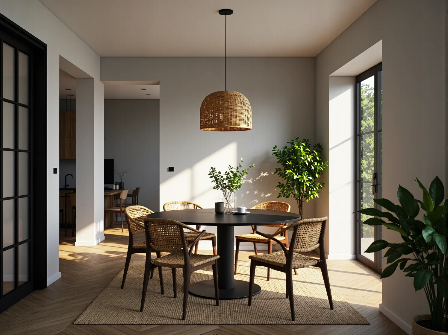 Designerskie lampy wiszące nad wyspą kuchenną w otwartej strefie dziennej