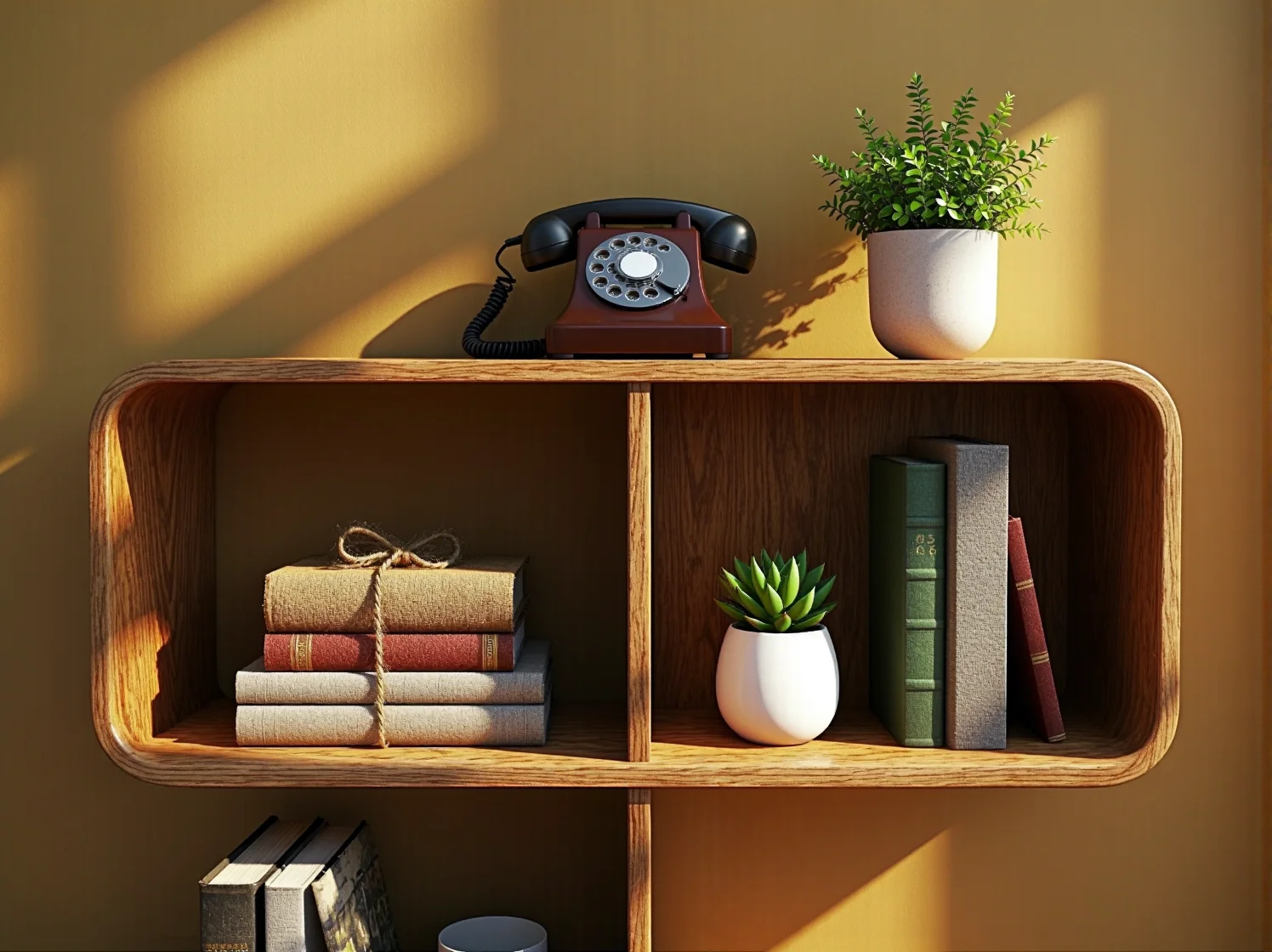 Lekki regał w stylu retro na smukłych nóżkach, optycznie powiększający przestrzeń małego mieszkania.