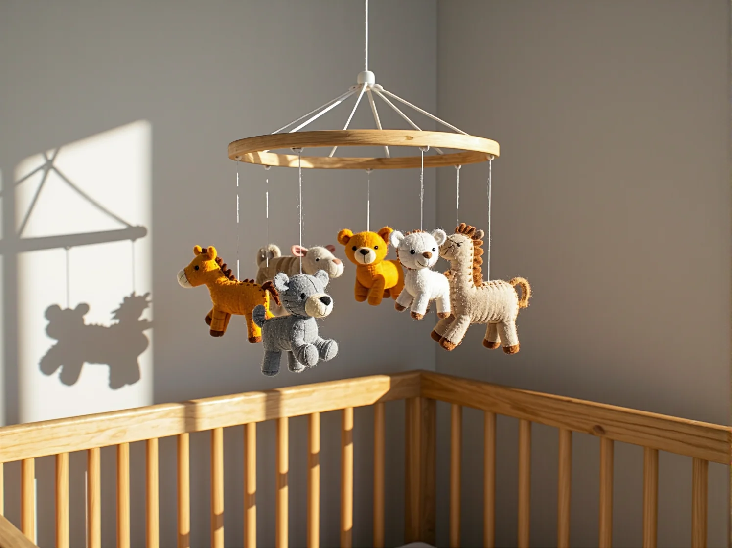 Klasyczne drewniane łóżeczko niemowlęce vintage na tle tapety w delikatne kwiatowe wzory.