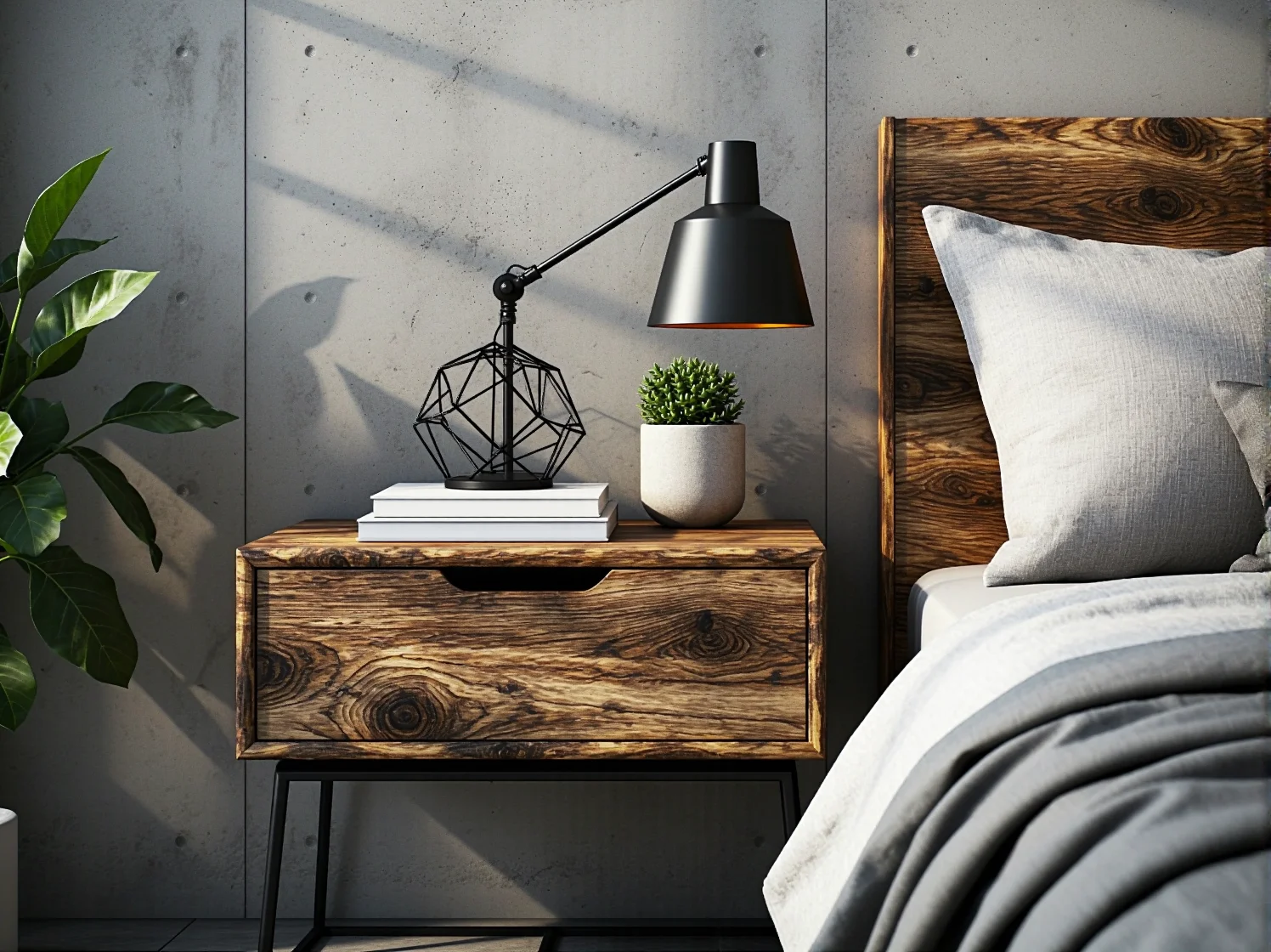 Łóżko z litego drewna na tle surowej ceglanej ściany w przytulnej sypialni loft