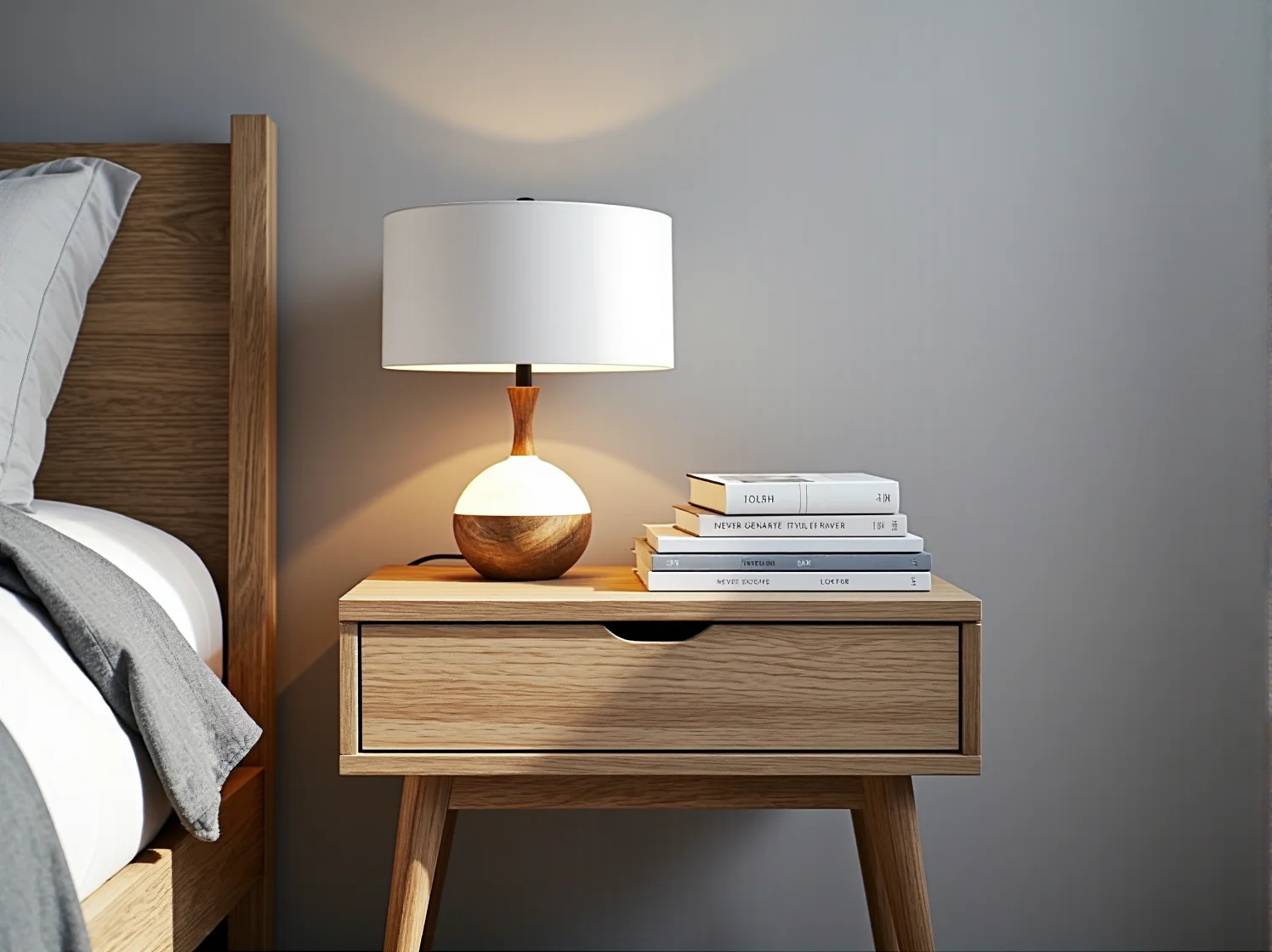 Solidne łóżko z naturalnego drewna jako centralny element sypialni urządzonej w stylu skandynawskim.