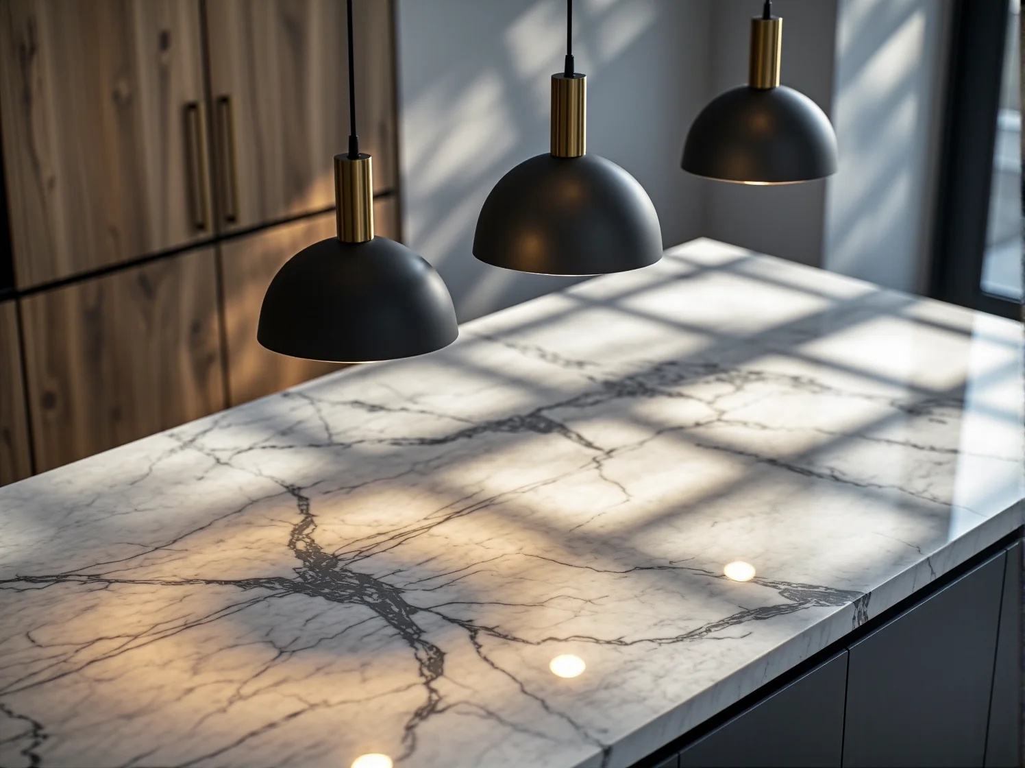 Stylowe oświetlenie wiszące kule nad eleganckim marmurowym blatem kuchennym