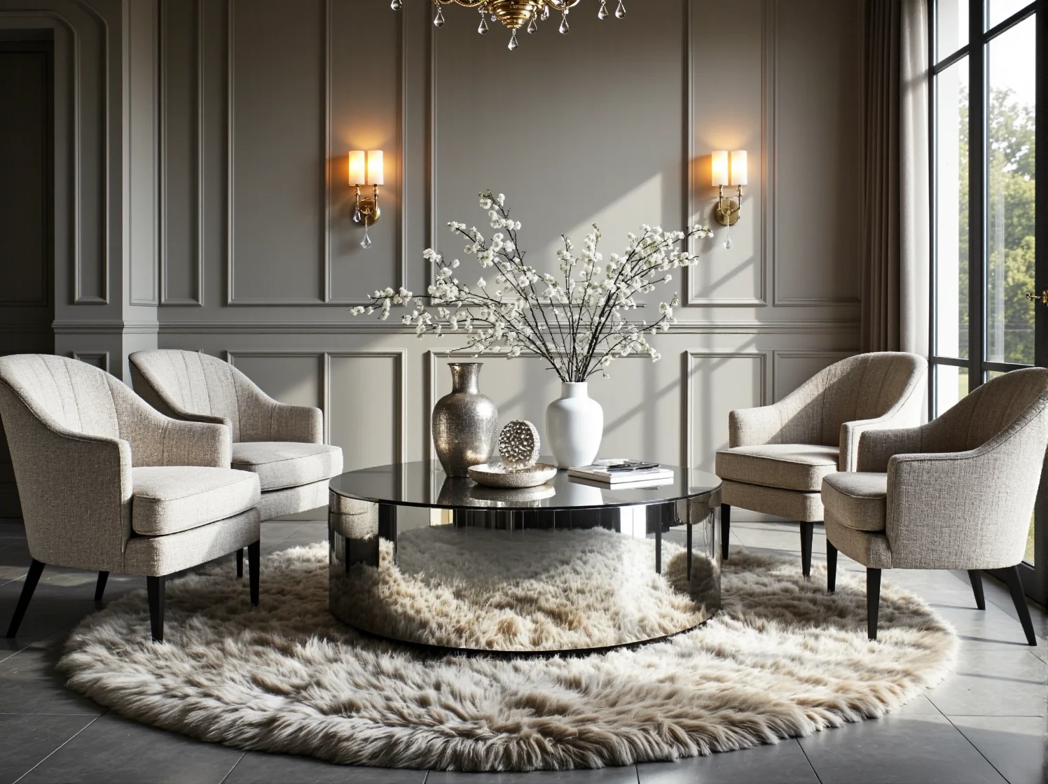 Biały marmurowy stolik kawowy ze złotymi nogami – blask i styl w pokoju dziennym