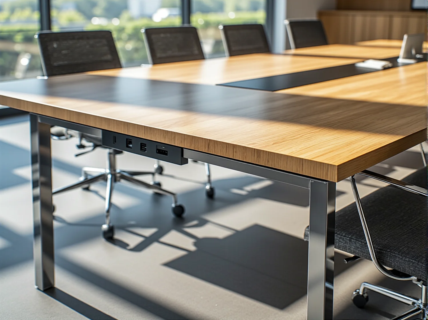 Stylowe meble konferencyjne i minimalistyczne oświetlenie w przeszklonej sali spotkań.