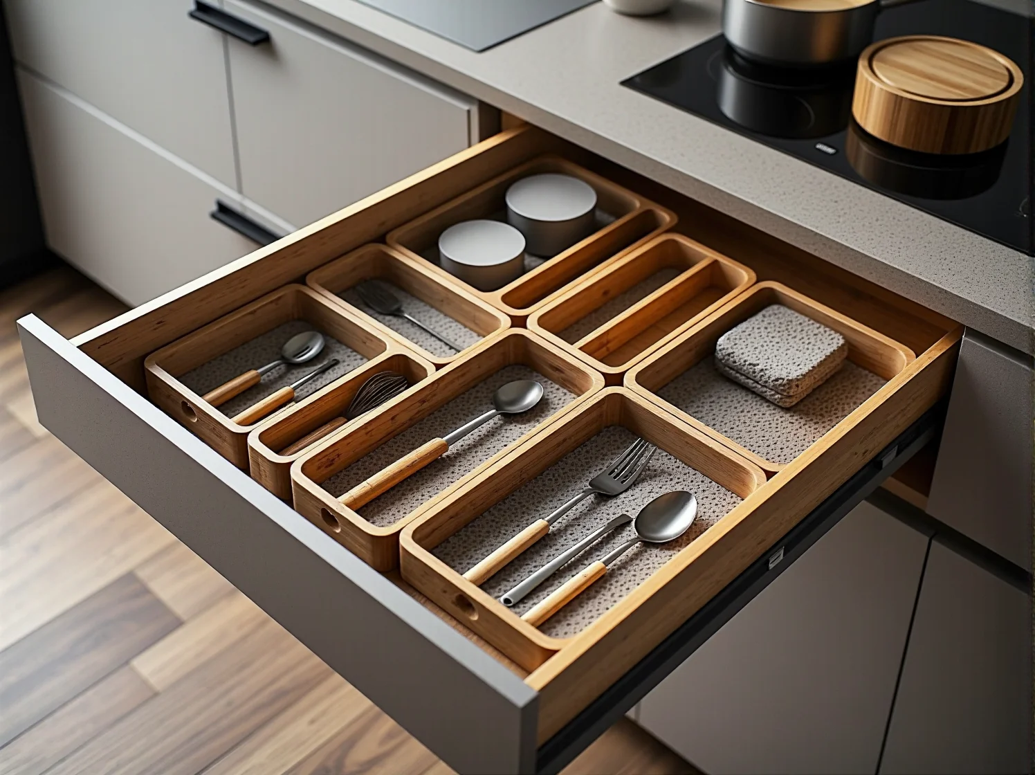 Innowacyjne fronty szafek wykonane z biomateriałów z grzybni, ekologiczny design.