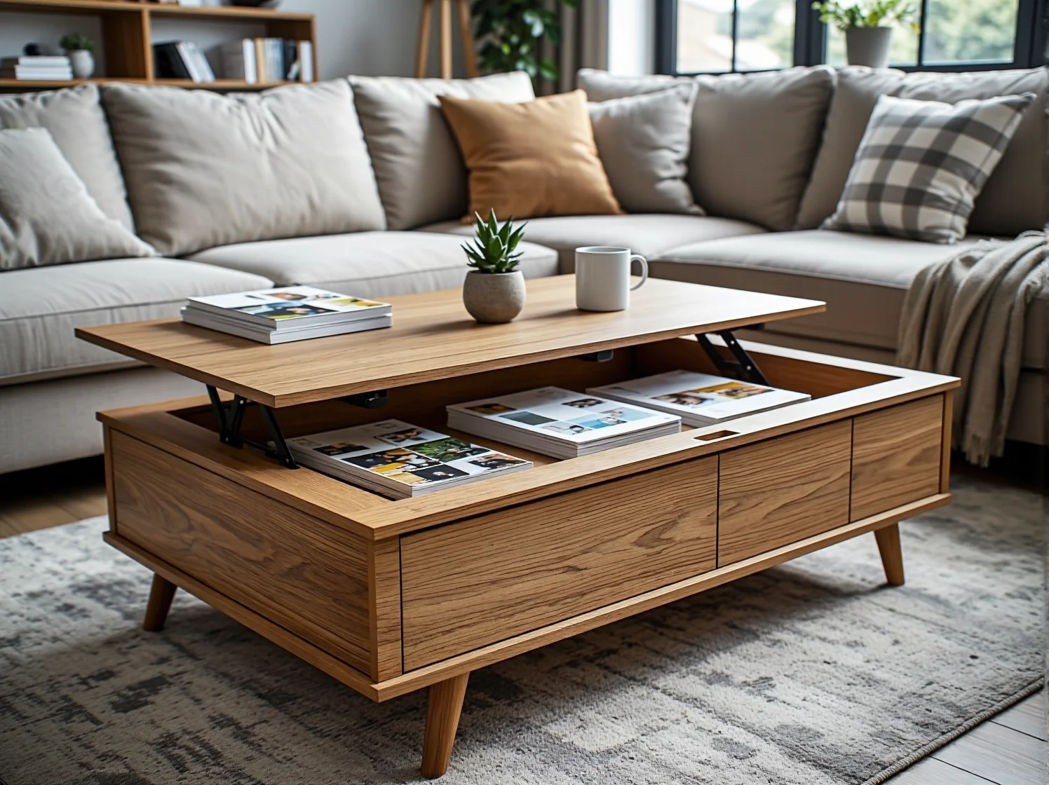 Sprytne meble modułowe i systemy przechowywania w małym salonie, idealne do funkcjonalnego mikroapartamentu.