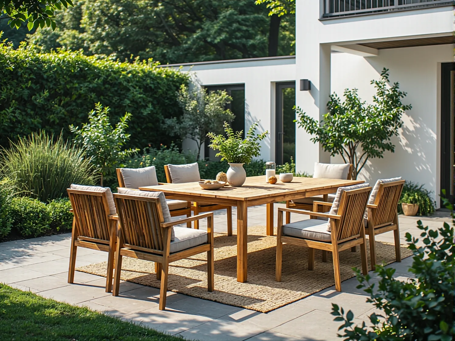 Drewniany zestaw ogrodowy stół z sześcioma krzesłami z poduszkami