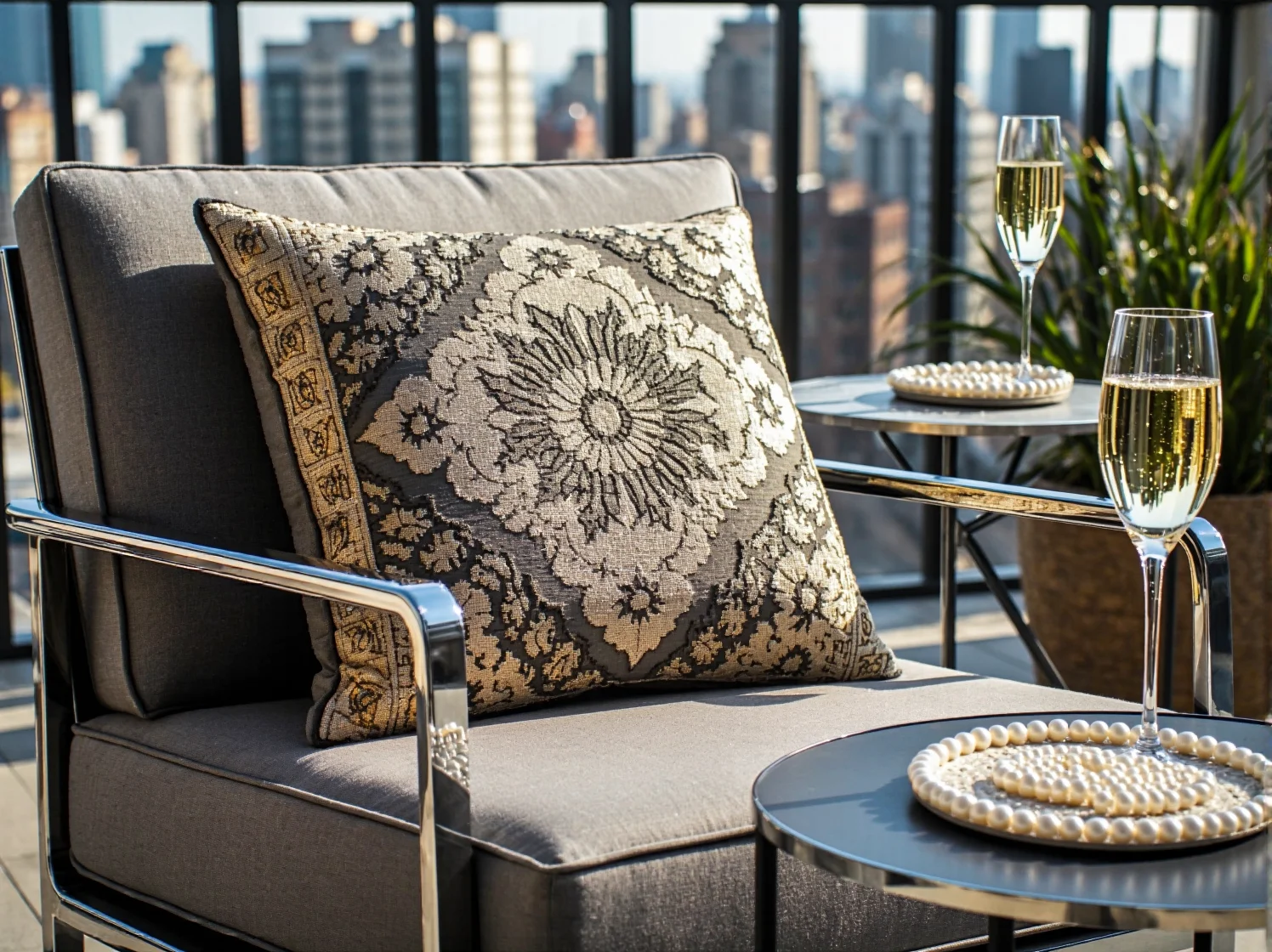 Meble premium na balkon glamour – białe fotele z miękkimi poduszkami i stolik kawowy