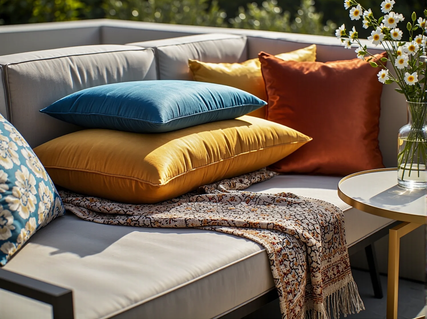 Nowoczesne meble tarasowe glamour z wygodnymi poduszkami i metalowymi detalami w kolorze złotym.