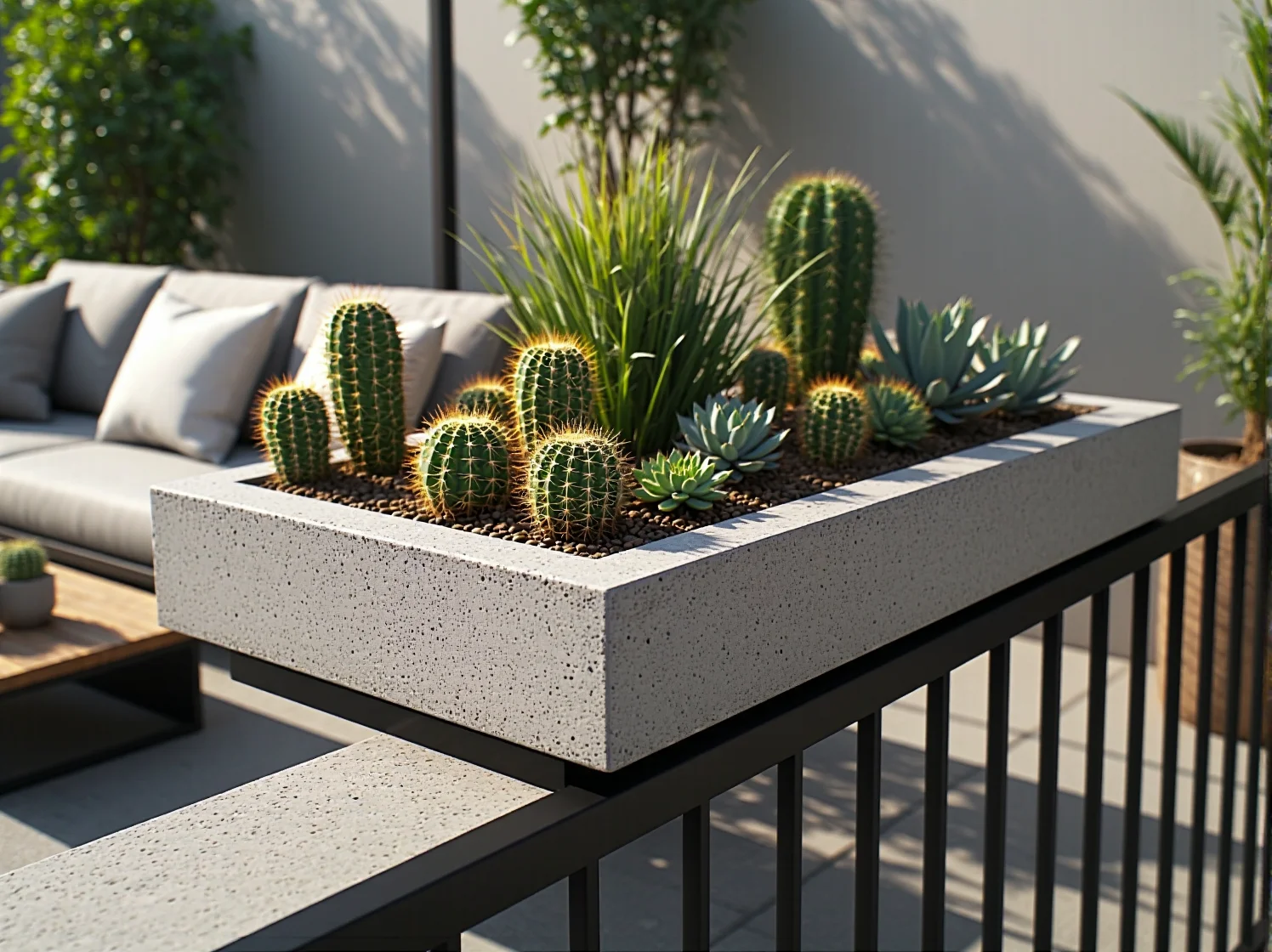 Stylowa strefa wypoczynku na tarasie z elementami betonu i metalu