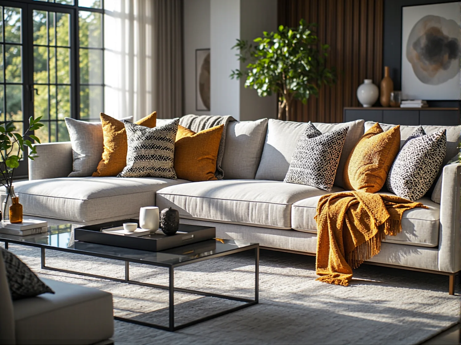 Aranżacja dużego salonu z luksusowym zestawem wypoczynkowym typu premium.