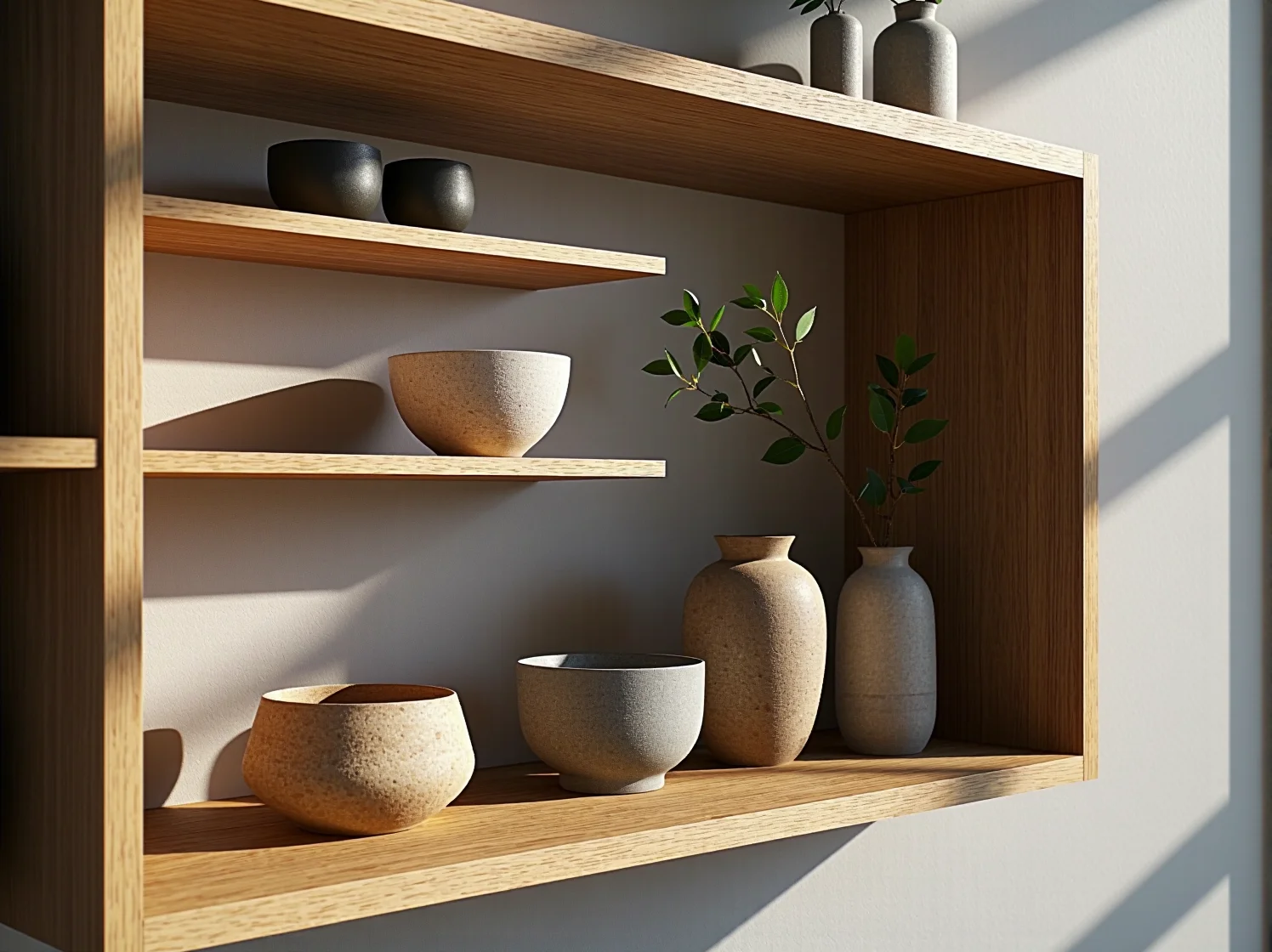 Jasny drewniany regał narożny japandi będący połączeniem minimalizmu japońskiego i skandynawskiej przytulności