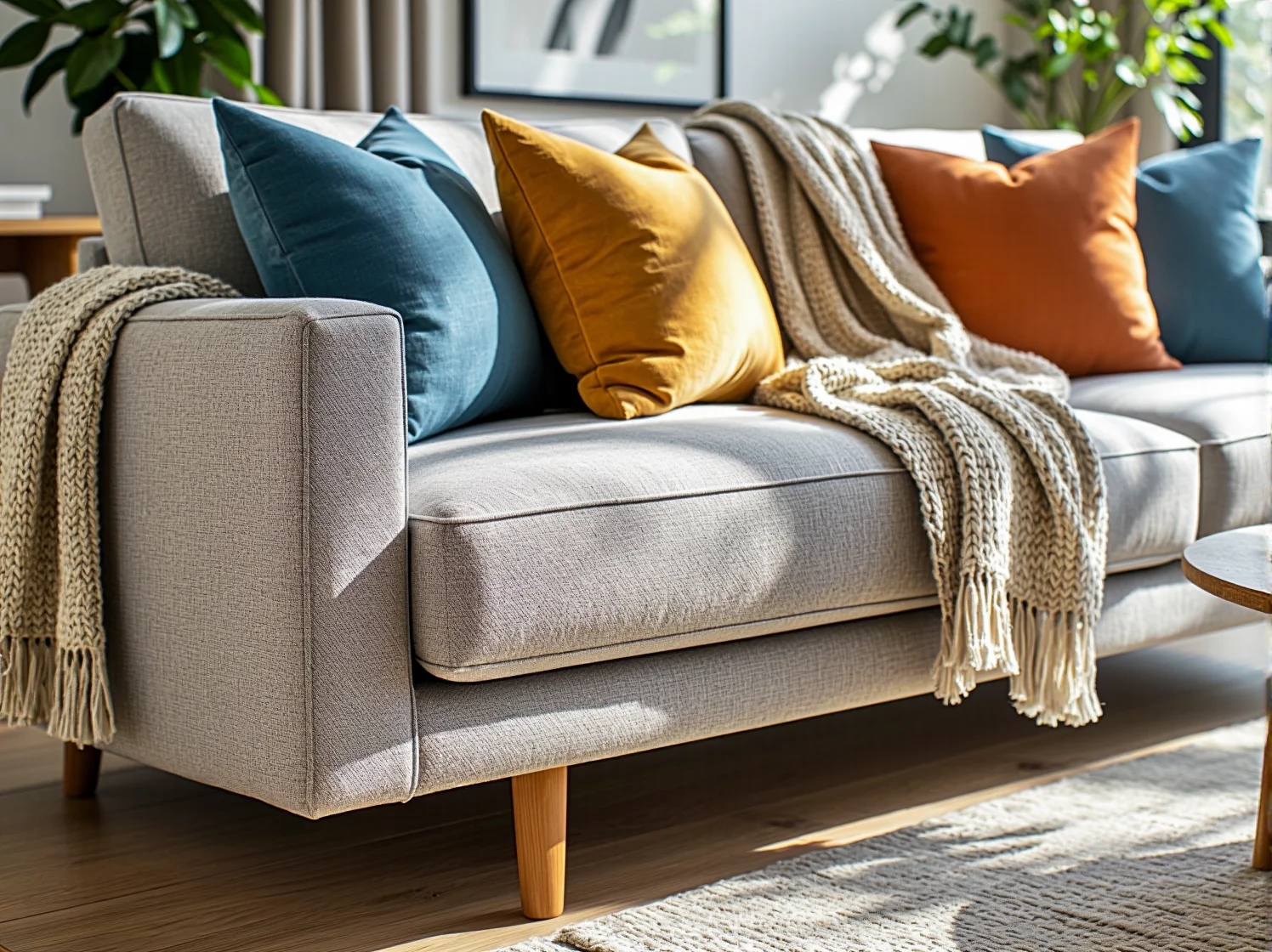 Modułowa sofa skandynawska w dużym salonie, idealna do aranżacji w stylu hygge.