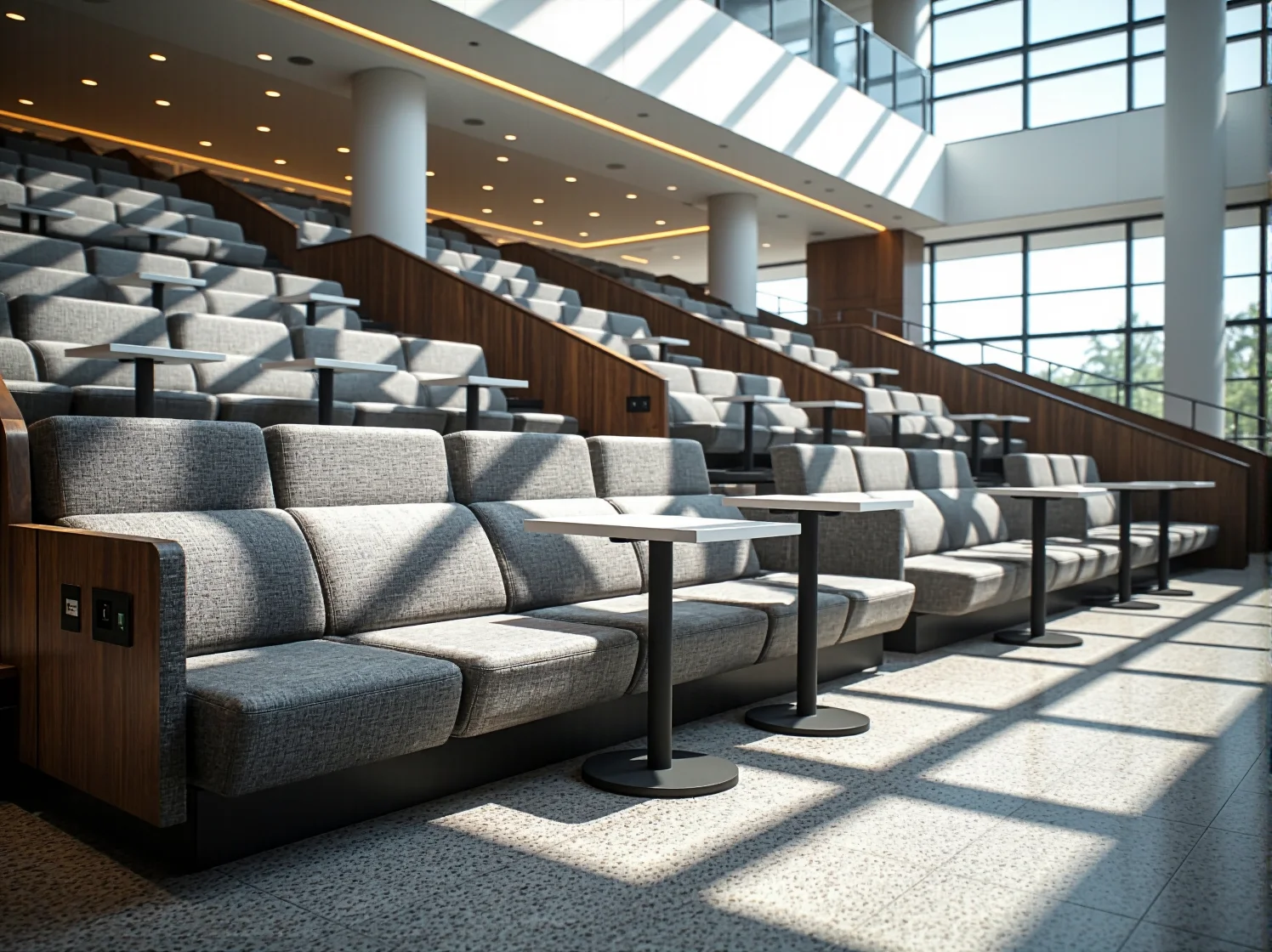 Modułowe siedziska w strefie wspólnej umożliwiające szybką rearanżację wnętrza dla wielu osób.