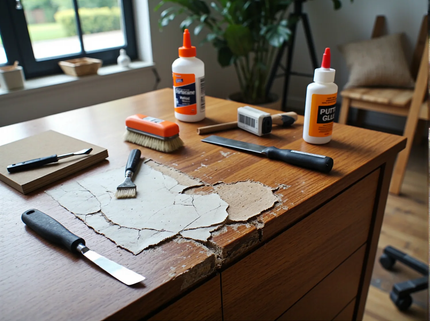 Efekt po naprawie uszkodzonego fornirowania na blacie drewnianego stołu.