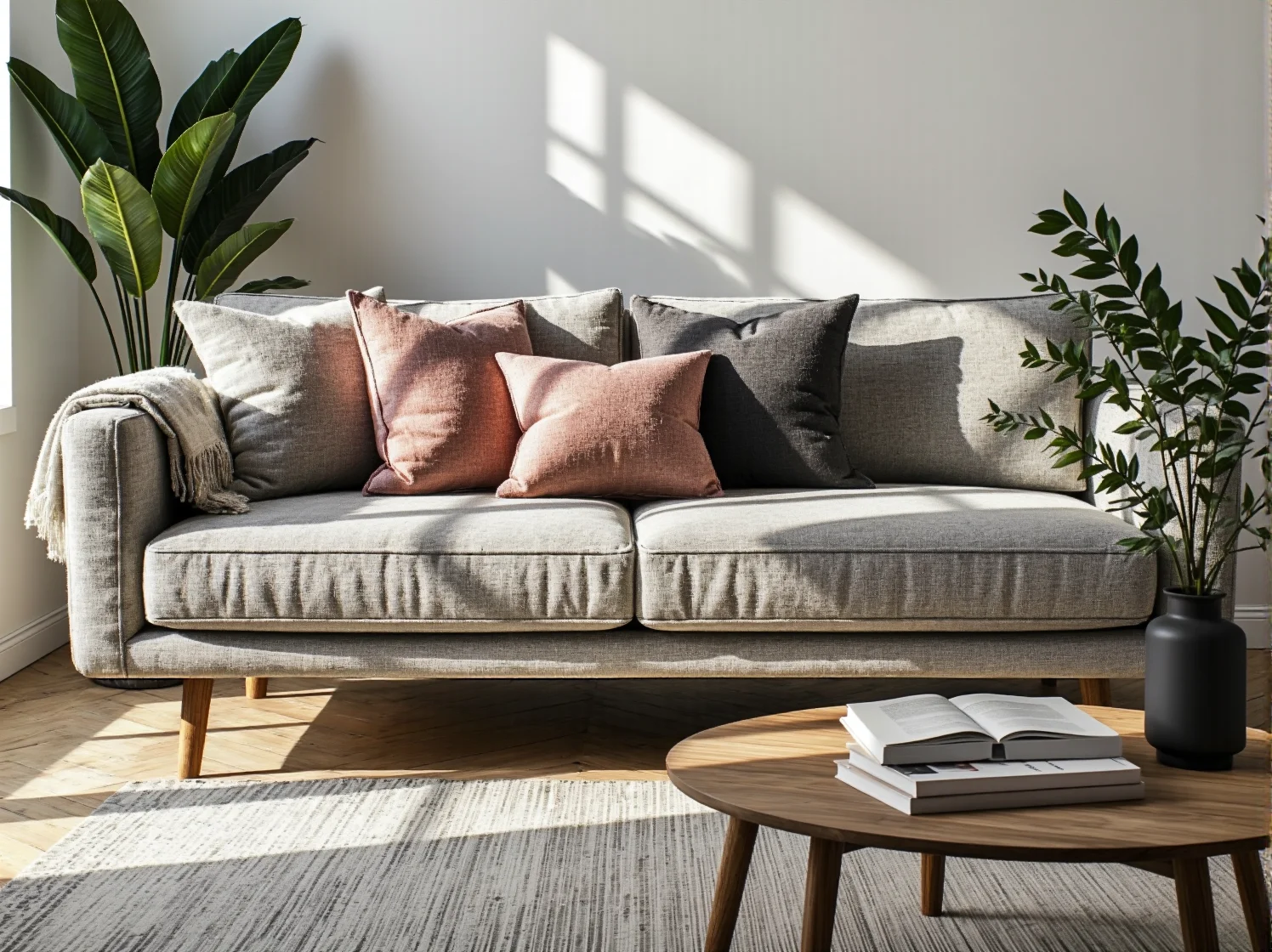 Nowoczesna sofa narożna w stylu skandynawskim w dużym otwartym salonie.