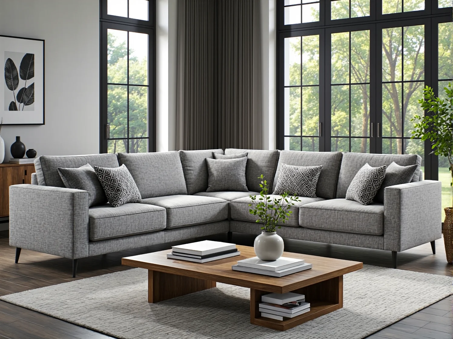 Szary narożnik tapicerowany tkaniną hydrofobową z poduszkami dekoracyjnymi