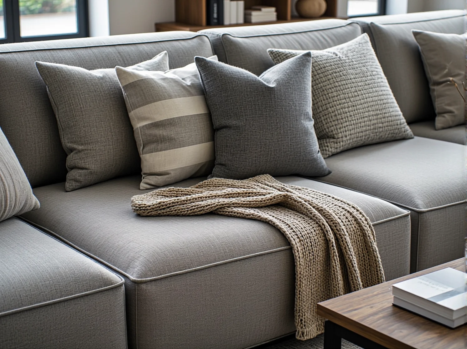 Nowoczesny narożnik w kształcie litery U, idealny dla dużej rodziny.