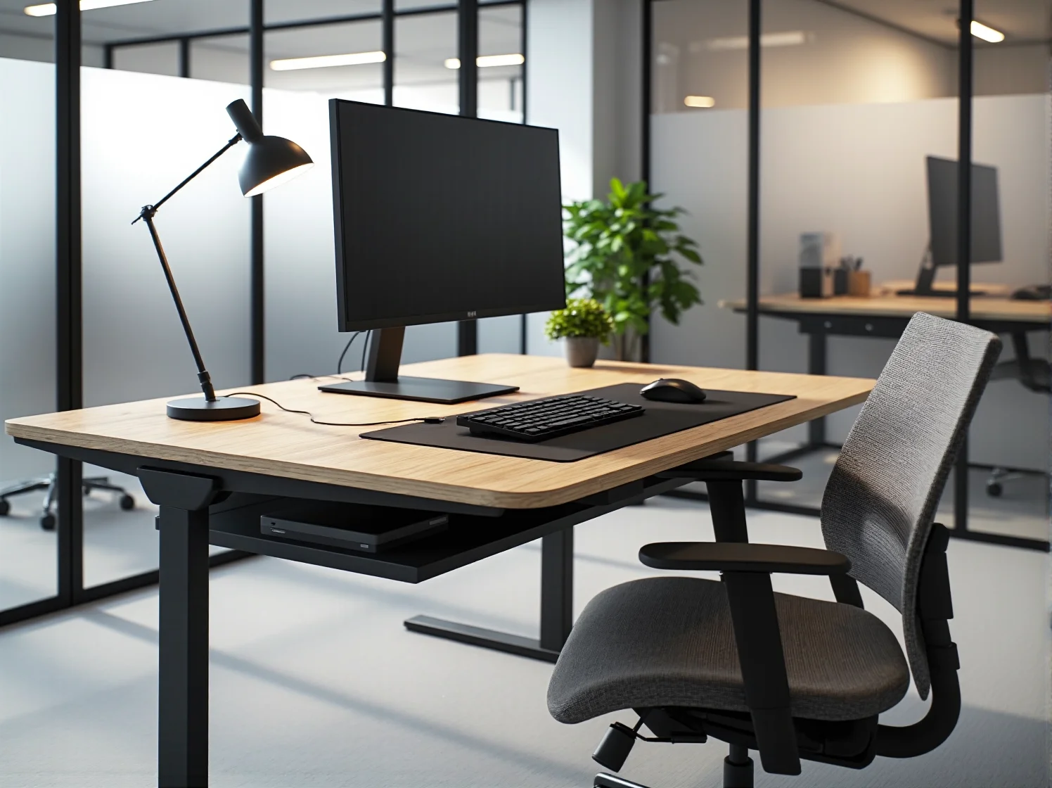 Nowoczesna aranżacja przestrzeni coworkingowej z ergonomicznymi biurkami i roślinami.